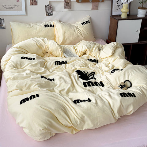 Sonicelife Ins Nordic Letter Butterfly Duvet Cover Set Quilt Set Bed Sheet Set Home Luxury Yellow Embroidery Bedding Set Bed Sheets