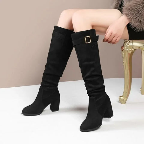 Sonicelife Female Shoes on Sale 2025  High Quality Sleeve Women's  Winter Pointed Toe Suede Solid High Tube Chunky Heels Fashion Boots