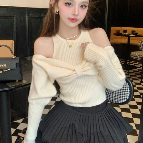 Black Friday Sonicelife Sexy Off Shoulder Sweater Women Christmas Elegant Manners Bow Solid Two Piece Knit Jumpers Chic Vest Commuter Office Lady Tops