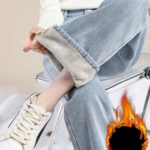 Sonicelife High Waist Straight Pants Cashmere Thermal Jeans Casual Loose Thickened Office Trousers Women Autumn Winter