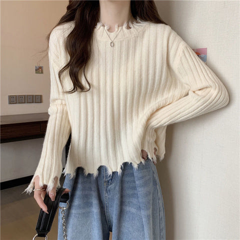 Sonicelife Design Retro Japan Sweaters Women Casual Long Sleeve Irregular Knitted Pullovers Fall Sweet Loose Elegant Apricot Jumpers