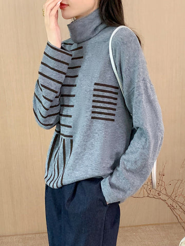 christmas outfit Sonicelife Long Sleeves Loose Contrast Color Striped High Neck Pullovers Sweater Tops