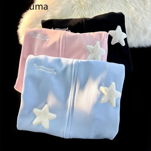 Sonicelife Streetwear Embroidery Star Hoodie Women Clothing Thicked Zipper Hooded Jackets Y2k Tops Casual Fashion Vintage Sweatshirts Coat