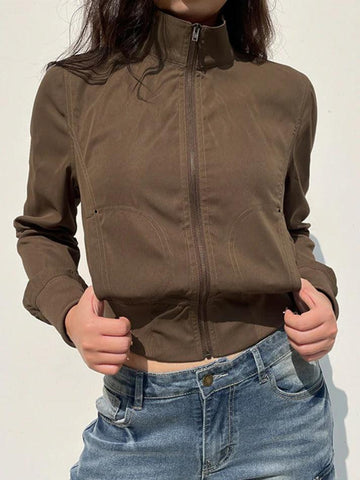 Sonicelife Vintage Brown Zip Up Slim Short Jacket