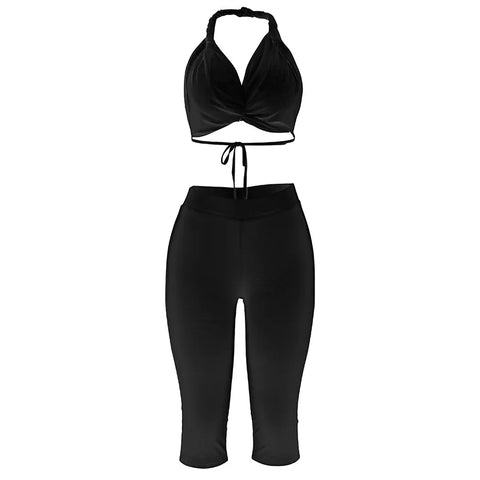 Sonicelife Fashion Sexy Women 2 Piece Mesh Bustiers Tops Capri Pants Sets Lace-up Backless Crop Tops Tight Leggings Sheer Two Piece Outfits