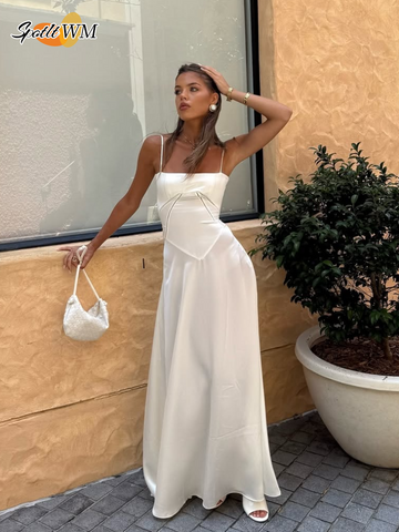 Sonicelife Elegant Solid Satin Ruffles Sling Long Dress Lady Sexy Square Collar Backless Sleeveless Lace Up Robes Chic Women Party Dresses