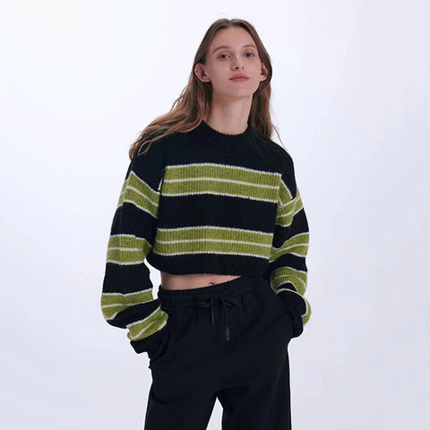 Black Friday Sonicelife Y2K Green Striped Crop Knit Sweater Women Korean Vintage Streetwear Long Sleeve Pullover Female Loose All-Match Short Jumper