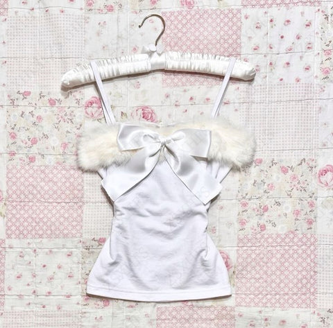 Sonicelife Aesthetic Y2k Crop Top 2000s Vintage Women T shirt Bow Sweet Harajuku Cute Girl Slim Camis Fur Kawaii Grunge Clothes Tank Tops