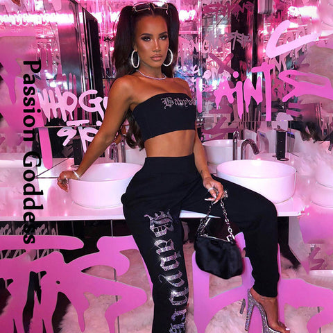 Sonicelife Sexy Women 2 Piece Rhinestone Sets Bling Tracksuits Letter Hot Drilling Tube Tops High Waist Sweatpants Two Piece Party Outfits