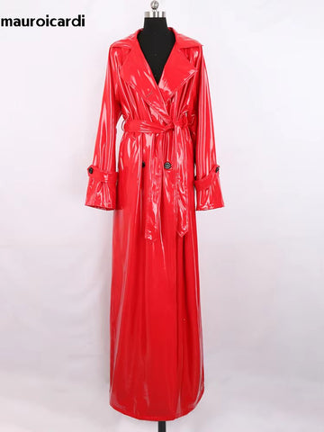 christmas outfit Sonicelife Spring Autumn Extra Long Soft Red Reflective Shiny Patent Leather Coat Women Double Breasted Maxi European Fashion