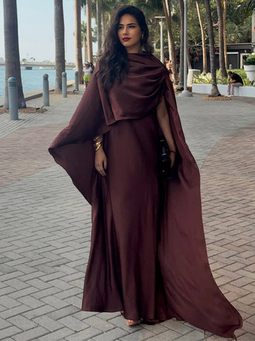 Sonicelife Women Stain Cape Collar Long Dress Elegant Lady Pleated Slim Fit Cloak Maxi Vestido Fashion Summer Cocktail Dress Woman 2025 New