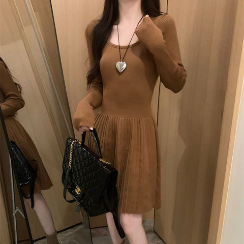 Sonicelife Grey Long Sleeve Knit Dresses Women Korean Vintage Slim Mini Dress Fashion Preppy Style Pleated Dress Female Autumn Winter New