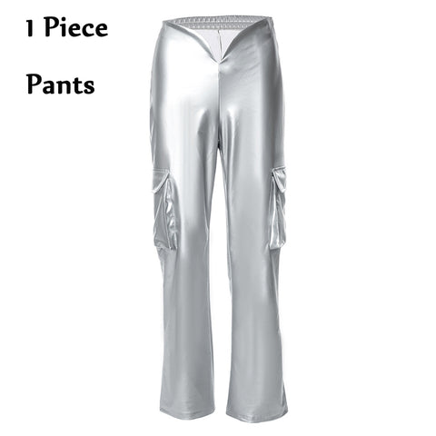 Sonicelife Y2K Women 2 Piece Shiny Silver PU Leather Zipper Cropped Jackets Straight Pants Sets Metal Color Leather Suits Two Piece Outfits