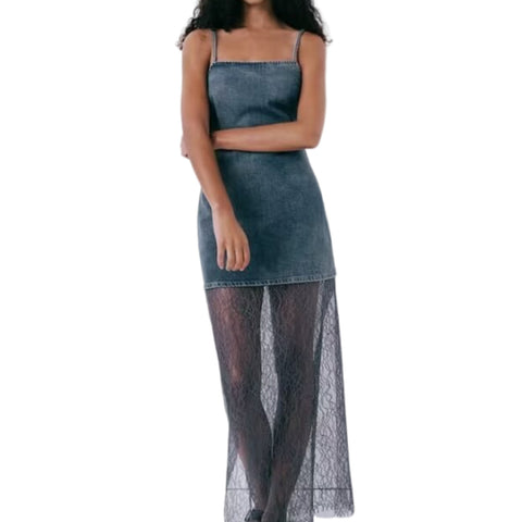 Sonicelife Women's Sleeveless Lace Long Dress with Patchwork, New Suspender, Lace, See-through, See-through, Sensual Lingerie