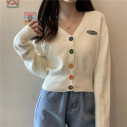 Sonicelife V Neck Cropped Cardigan Sweaters Women Casual Sweet Rainbow Buttons Knitted Coat Korean Female Autumn Loose Long Sleeve Top