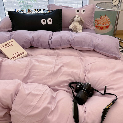 Sonicelife Ins Big Eye Cream Purple Solid Color Bedding Set Girls Boys Double Size Flat Sheet Duvet Cover Pillowcase Bed Linen Home Textile