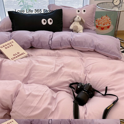 Sonicelife Ins Grey Cartoon Big Eye Solid Color Bedding Set Girls Boys Double Size Flat Sheet Duvet Cover Pillowcase Bed Linen Home Textile