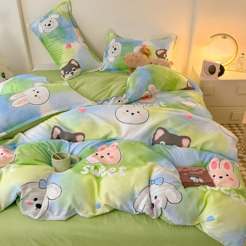 Sonicelife Cute Bear Bedding Set No Filler Full Queen Size Duvet Cover Flat Sheet Pillowcase Kids Adults Fashion Soft Comforter Cover