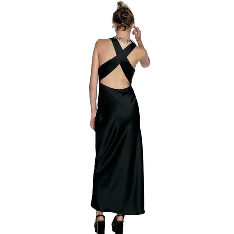 Sonicelife Women's Silk Satin Dress with V-neck Cross exposed Back Fashionable and Sexy Temperament Midi Suspender Long Skirt Silk Like New