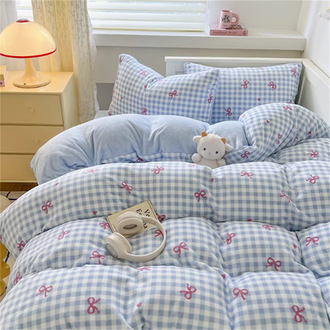 Sonicelife Ins Milk Velvet Bedding Four-Piece Set Thick Double-Sided Flannel Quilt Cover Plus Velvet Sheets Winter Bedding Three-Piece Set