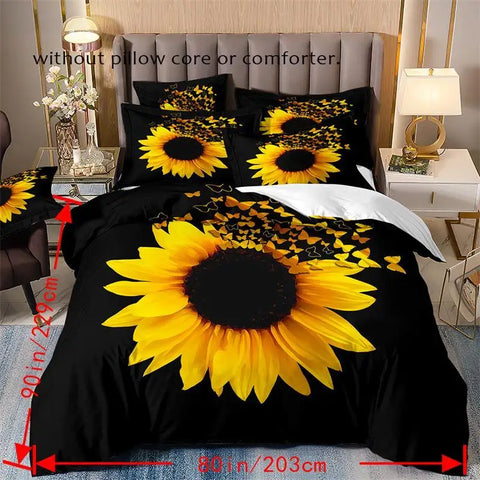 Sonicelife 3pcs Fashion Duvet Cover Set, Sunflower Print Bedding Set With Zipper Closure, Soft Comfortable Duvet Cover