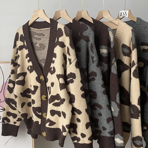 christmas outfit Sonicelife 2025 Women Autumn Knitted Leopard Print V-Neck Cardigans Coat Long Sleeve Women Sweater Cardigans Coat