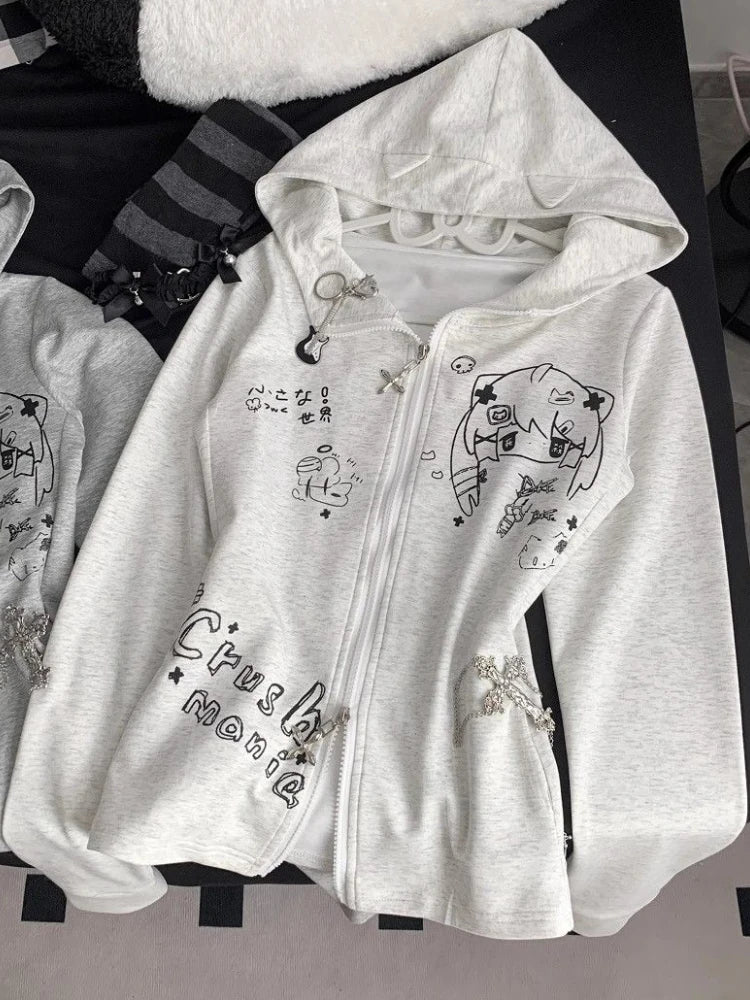Sonicelife Autumn Y2k Kawaii Cat Ear Zip Up Hoodies Women Japanese Sweet Anime Harajuku Zipper Sweatshirt Casual Cute Long Sleeve Jacket