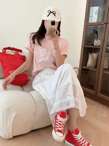 Sonicelife Embroidery Bow Oversized Short Sleeve Tee