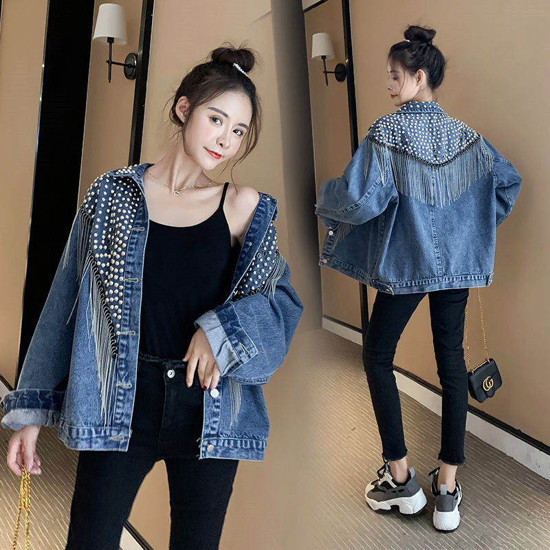 Sonicelife 2025 Autumn Streetwear Denim Jacket Women Hand-studded Rivet Tassel Chain Short Jeans Jacket Loose Vintage Casual Black Coats