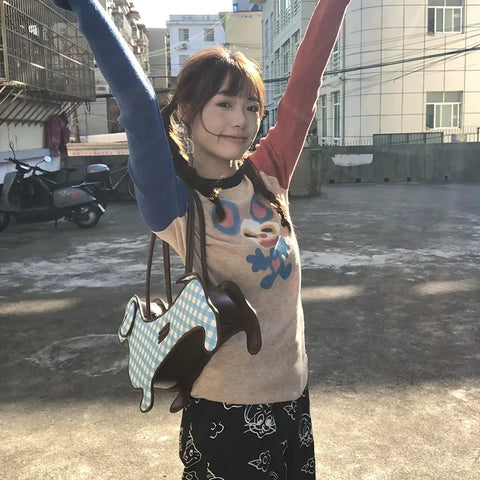 Sonicelife 2025 New Japanese Y2k Knitted Tops Vintage Harajuku Graffiti Print Long Sleeve T-shirt 2000s Aesthetics Ribbed Patchwork Tops