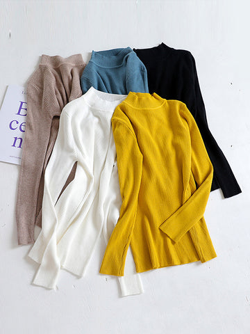 christmas outfit Sonicelife Long Sleeves Skinny Solid Color Split-Joint High Neck Sweater Tops