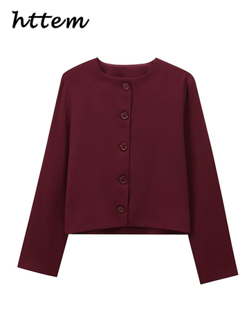 Sonicelife Casual Wine Red Women's Short Jacket Elegant O-neck Single-breasted Full Sleeve Coats 2024 Autumn Lady Office Street Outwear New