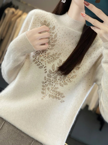 christmas outfit Sonicelife Women Autumn Winter Pure Wool Thickening Sweater Half-high Collar Leaf Studded with Diamonds Pullover Female Knitted Basis Top