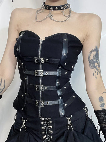 Sonicelife Mall Gothic Alt Vest Women Streetwear Harajuku Grunge Pu Patchwork Zipper Crop Tank Tops Halloween Cosplay Outfits Femme