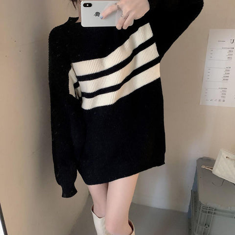 Sonicelife Striped Vintage Sweaters Women Lazy Wind Loose Long Sleeve Knitted Pullovers Korean Oversize Casual Streetwear Jumpers Fall