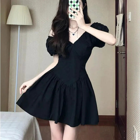 Sonicelife Black A Line Mini Dress Women French Sweet Kawaii High Waist V Neck Pleated Skirt Ladies Fashion Retro Vestidos Summer New