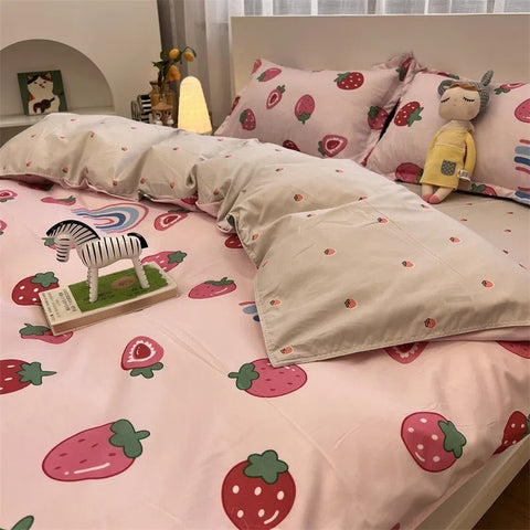 Sonicelife Simple Gird Bedding Set Strawberry Duvet Cover Flat Sheet Pillowcases Twin Single Queen Size Bed Linen Home Textile