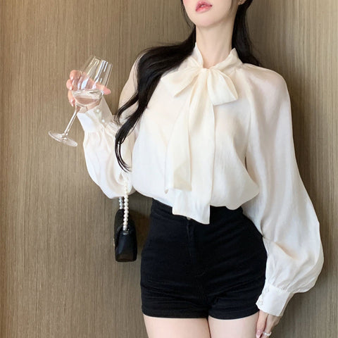 Sonicelife Vintage French Women Shirts Elegant Bow Tie Long Sleeve Blouse Office Ladies New Fashion Chic Solid Female Tops Spring Autumn
