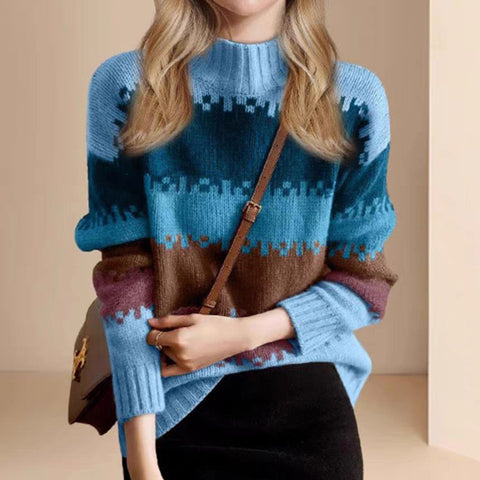 Sonicelife Retro American Striped Sweaters Women Casual Loose Streetwear Knitted Pullovers Fall Vintage Lady Turtleneck Design Jumpers
