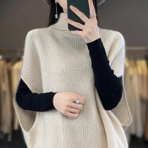 christmas outfit Sonicelife Vintage Autumn Winter Women Sweater Vest Solid New Thicken Turtleneck Batwing Sleeve Fashion Loose Sleeveless Knitted Coat Tops