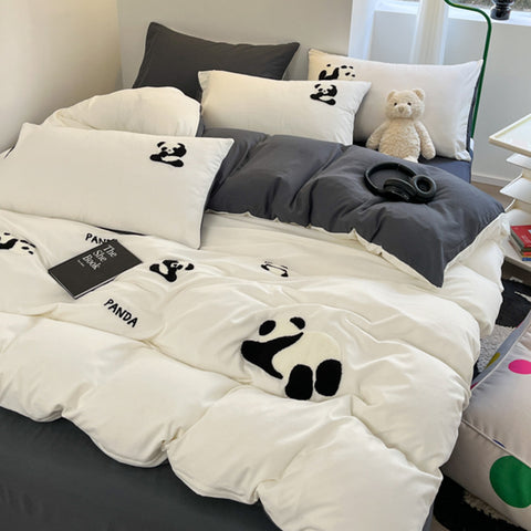 Sonicelife Ins Cartoon Panda Bedding Set Towel Embroidery Duvet Cover Queen Twin Full Size Grey Bed Flat Sheet Quilt Cover Pillowcases