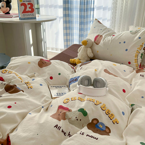 Sonicelife Ins Korean Cartoon Little Bear Cute Bedding Set Autumn Winter Polyester Bed Sheet Pillowcase Twin Full Queen Size Quilt Cover