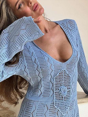 Sonicelife Elegant Knit Hollow Out Long Dress Women Loose V-neck Full Sleeves See Through Beach Female Dresses 2024 Summer Lady Beach Robes