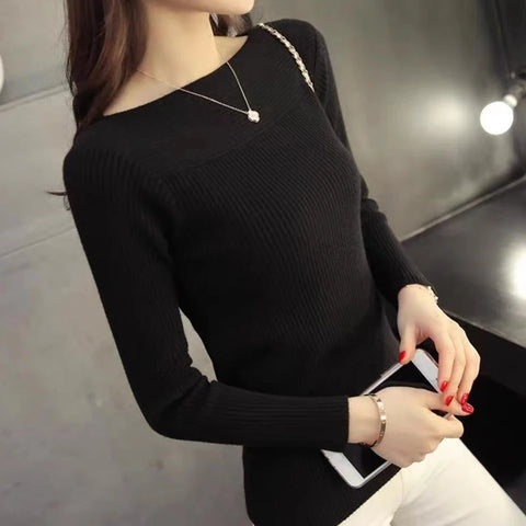 Sonicelife 2024 AutumnWomen Ribbed Slash Neck Slim Sweater Knitted Long Sleeve Office Sweaters Casual