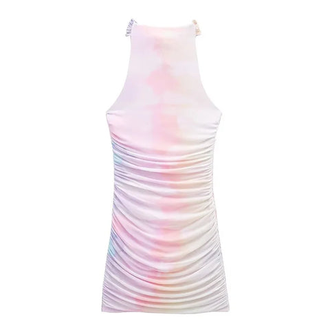 Sonicelife Fashion Gradient Print Halter Mini Dress Women Sexy Backkless Pleated Lace Up Female Dresses 2024 Summer Lady Party Vestidos New