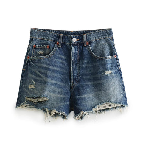 Sonicelife Women's New Shorts Fashionable Perforated Decoration High Waist Mini Ragged Edge Denim Shorts