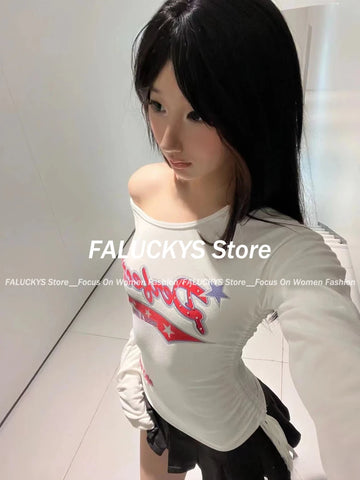 Sonicelife Autumn Vintage Y2k Women T-shirts White Grunge Graphic Long Sleeve Tees Harajuku 2000s Aesthetic Streetwear American Retro Tops