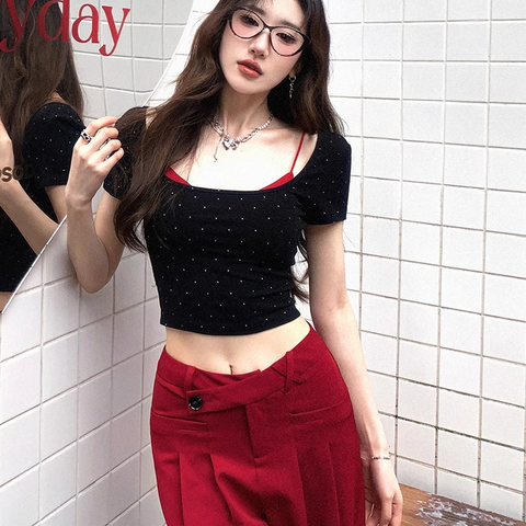 Sonicelife 2025 Summer Korean Fashion Pants Sets Woman Bow Dot Y2k Crop Tops + Casual Red Pants Hot Girls Aesthetics Elegant Suit Chic