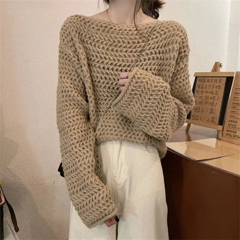 Black Friday Sonicelife Sexy Hollow Out Knit Sweater Women Y2K Korean Loose Long Sleeve O Neck Pullovers Autumn Thick Warm Solid All Match Jumpers New