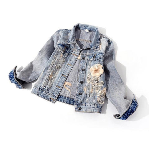 Sonicelife 2025 New Autumn Women’s Denim Jacket Long Sleeve Overcoat Loose Three-dimensional Button Pearls Outwear Ripped Jeans Jackets